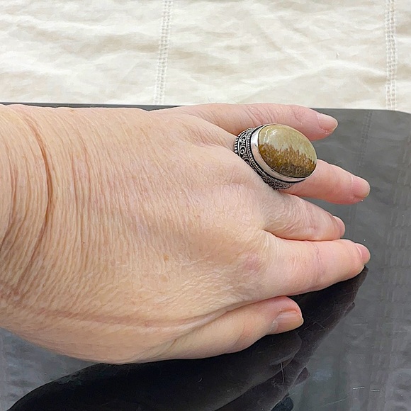 Vtg Sterling Silver Ring With Polished Oval Picture Jasper Stone. - Picture 10 of 10